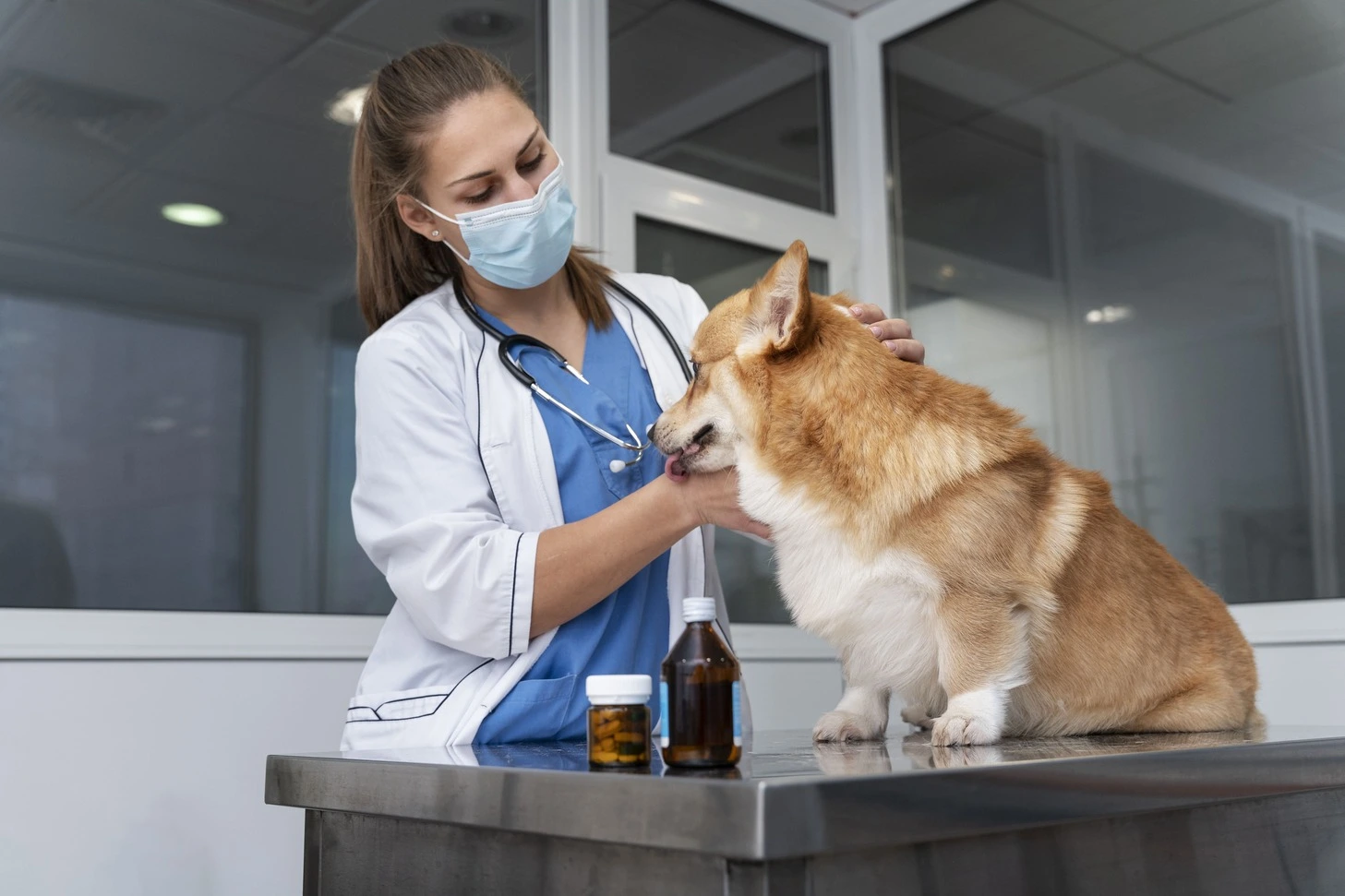 Veterinária cuidando de cão